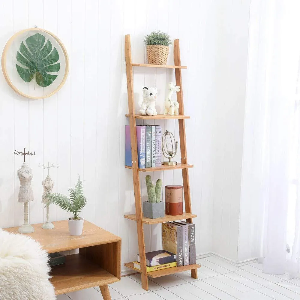exilot Natural Bamboo Ladder Shelf 5-Tier Wall-Leaning Bookshelf Ladder Bookcase Storage Display Shelves for Living Room, Kitchen, Office, Multi-Functional Plant Flower Stand Shelf.
