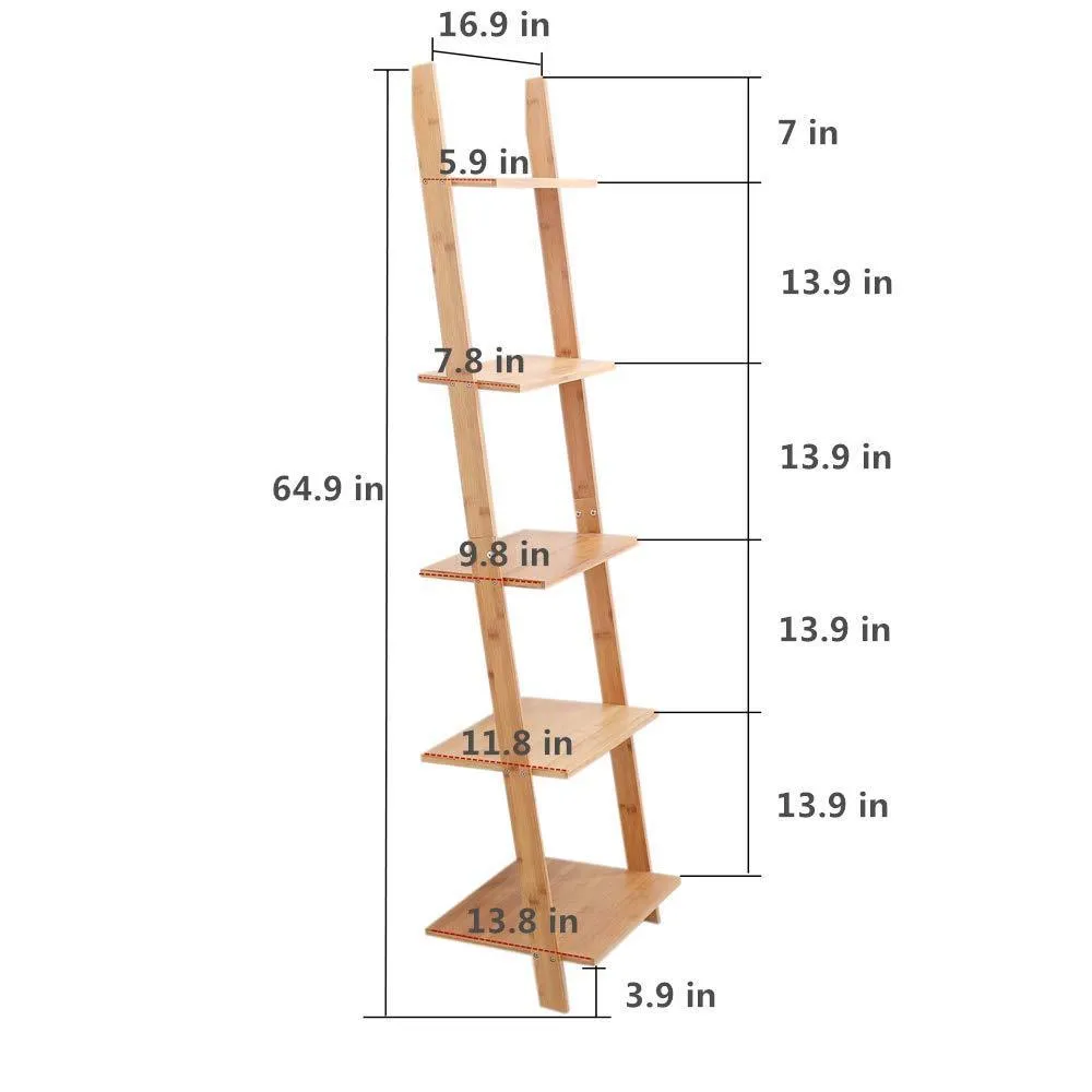 exilot Natural Bamboo Ladder Shelf 5-Tier Wall-Leaning Bookshelf Ladder Bookcase Storage Display Shelves for Living Room, Kitchen, Office, Multi-Functional Plant Flower Stand Shelf.