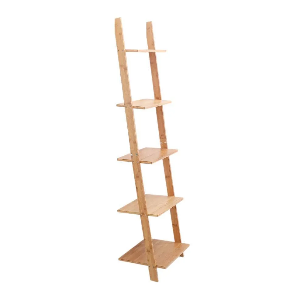 exilot Natural Bamboo Ladder Shelf 5-Tier Wall-Leaning Bookshelf Ladder Bookcase Storage Display Shelves for Living Room, Kitchen, Office, Multi-Functional Plant Flower Stand Shelf.