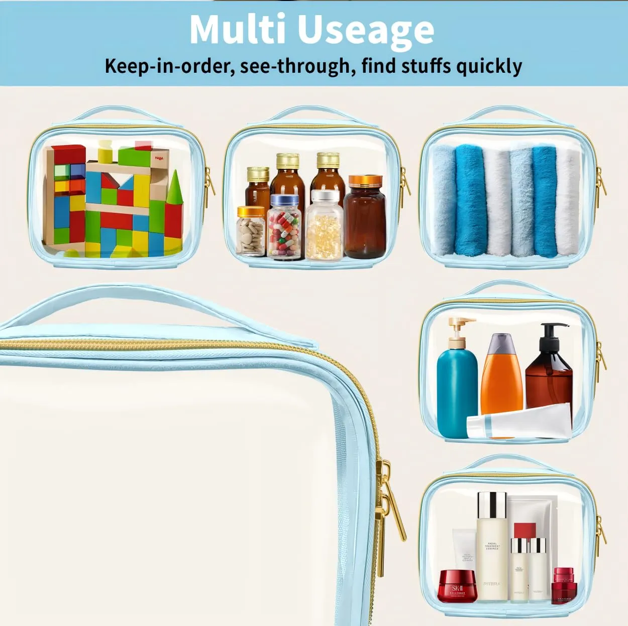 FAYORORY TSA Approved Travel Toiletry Bag,4 Pack Clear Makeup Bags with Handles,Quart Size Clear Cosmetic Bags for Traveling Women,Men,Carry on Airport Airline Compliant Bag,Blue