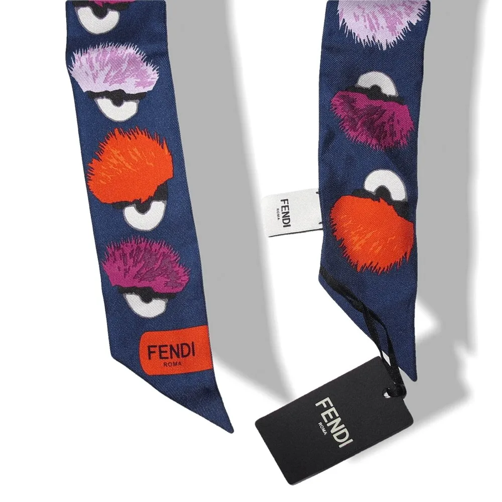 Fendi Blue Denim/Rose Printed Creatures Monster Twilly, NWT!