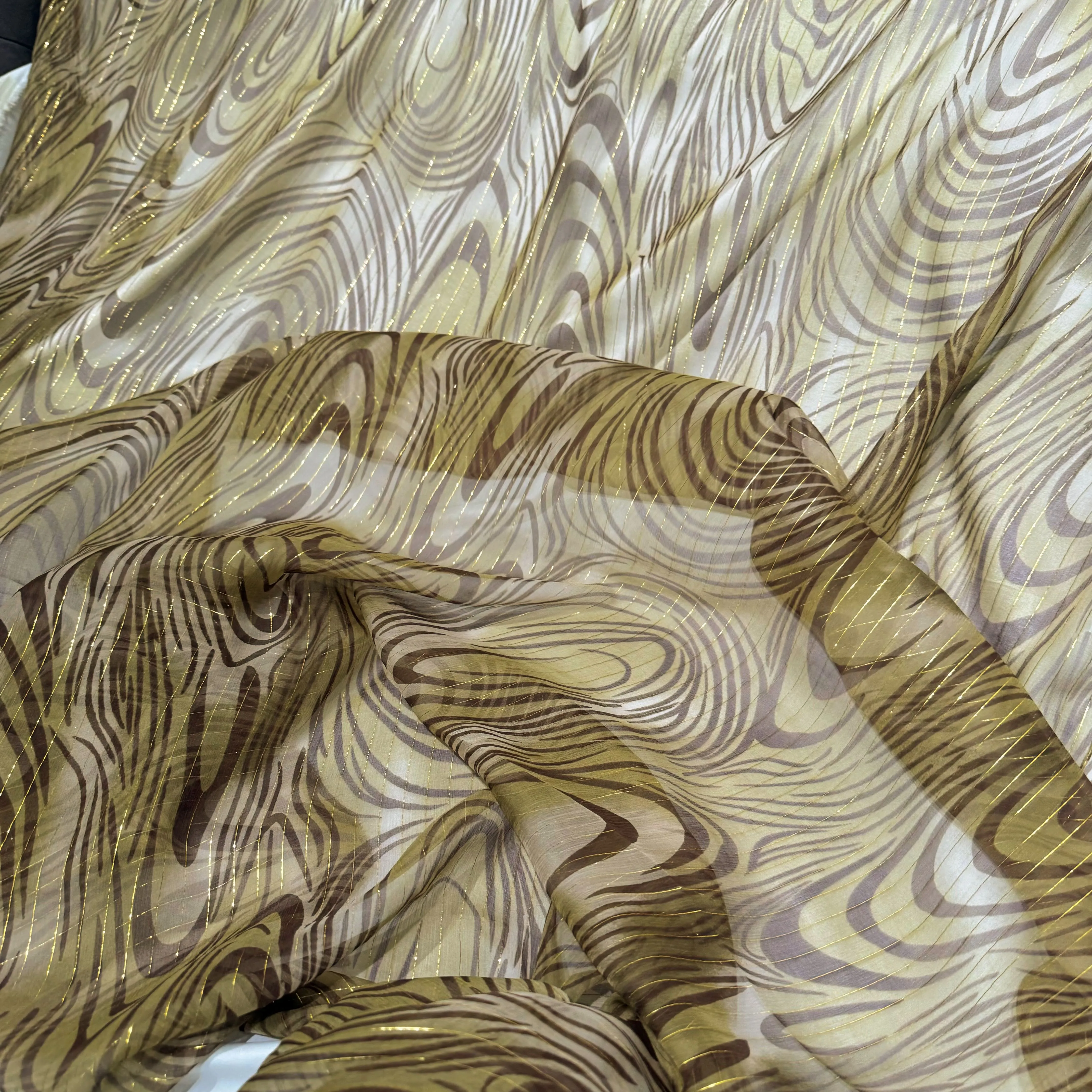 Fingerprint/Metallic Pinstripe Silk & Lurex Chiffon - Olive/Chocolate