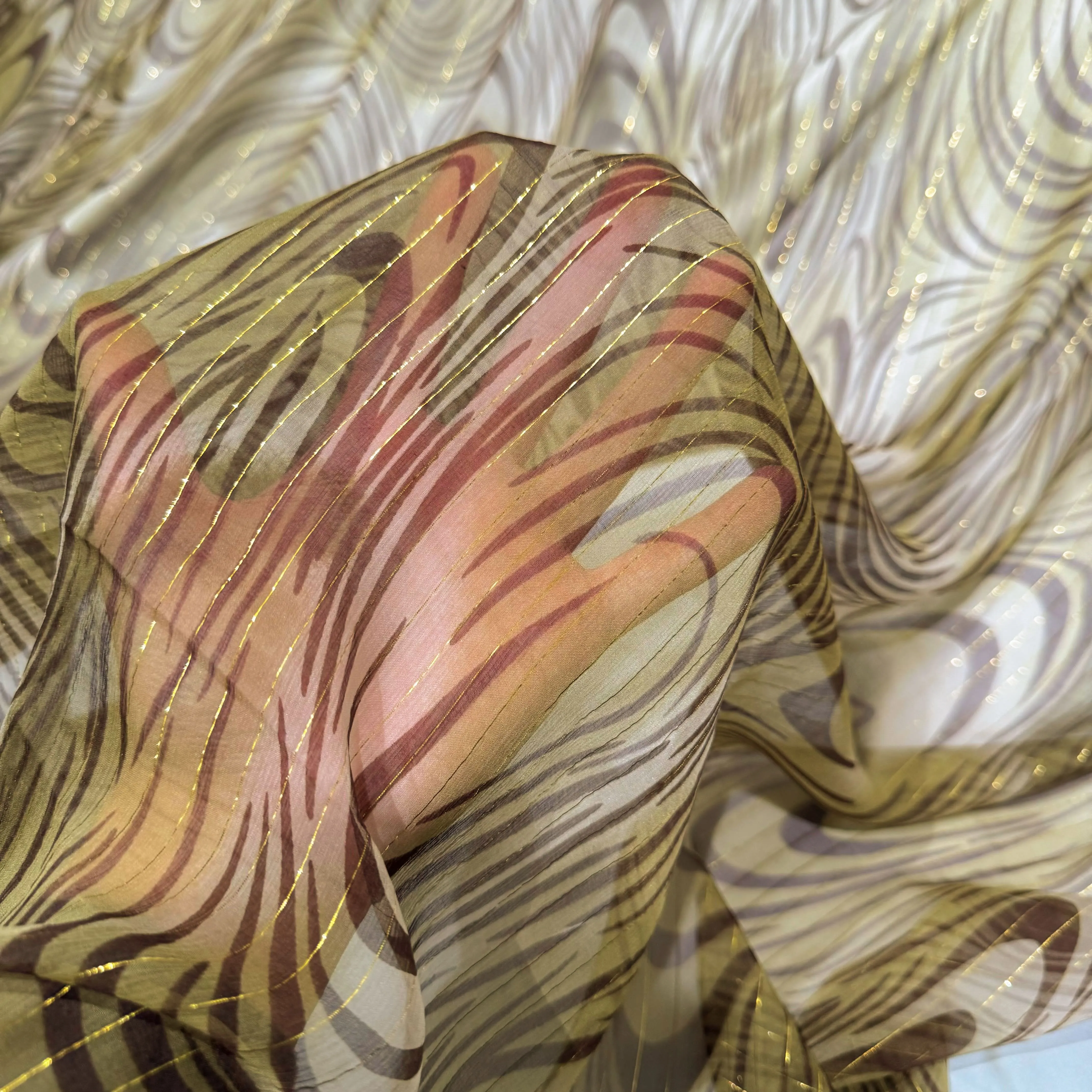 Fingerprint/Metallic Pinstripe Silk & Lurex Chiffon - Olive/Chocolate