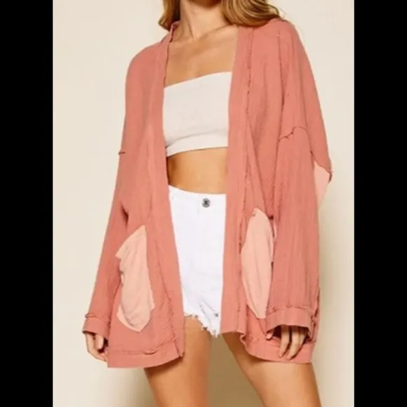 Flowy mauve gauze open front color contrast oversized kimono cardigan