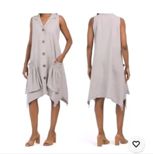 For Cynthia Linen-Blend Sark Bite Hem Shirt Dress Size L  Patch Rushed Pockets