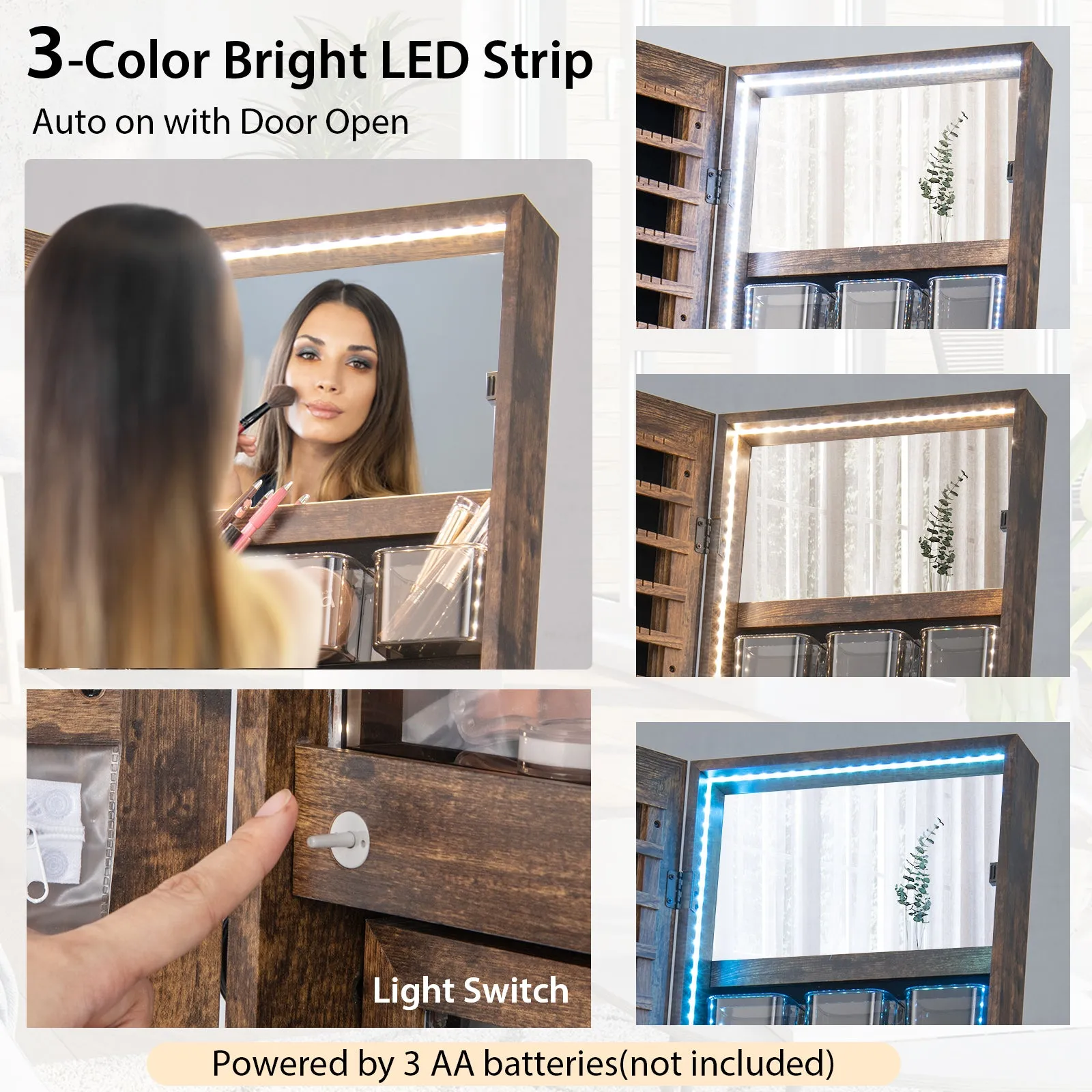 Freestanding Jewelry Cabinet with Full-Length Mirror-Rustic Brown