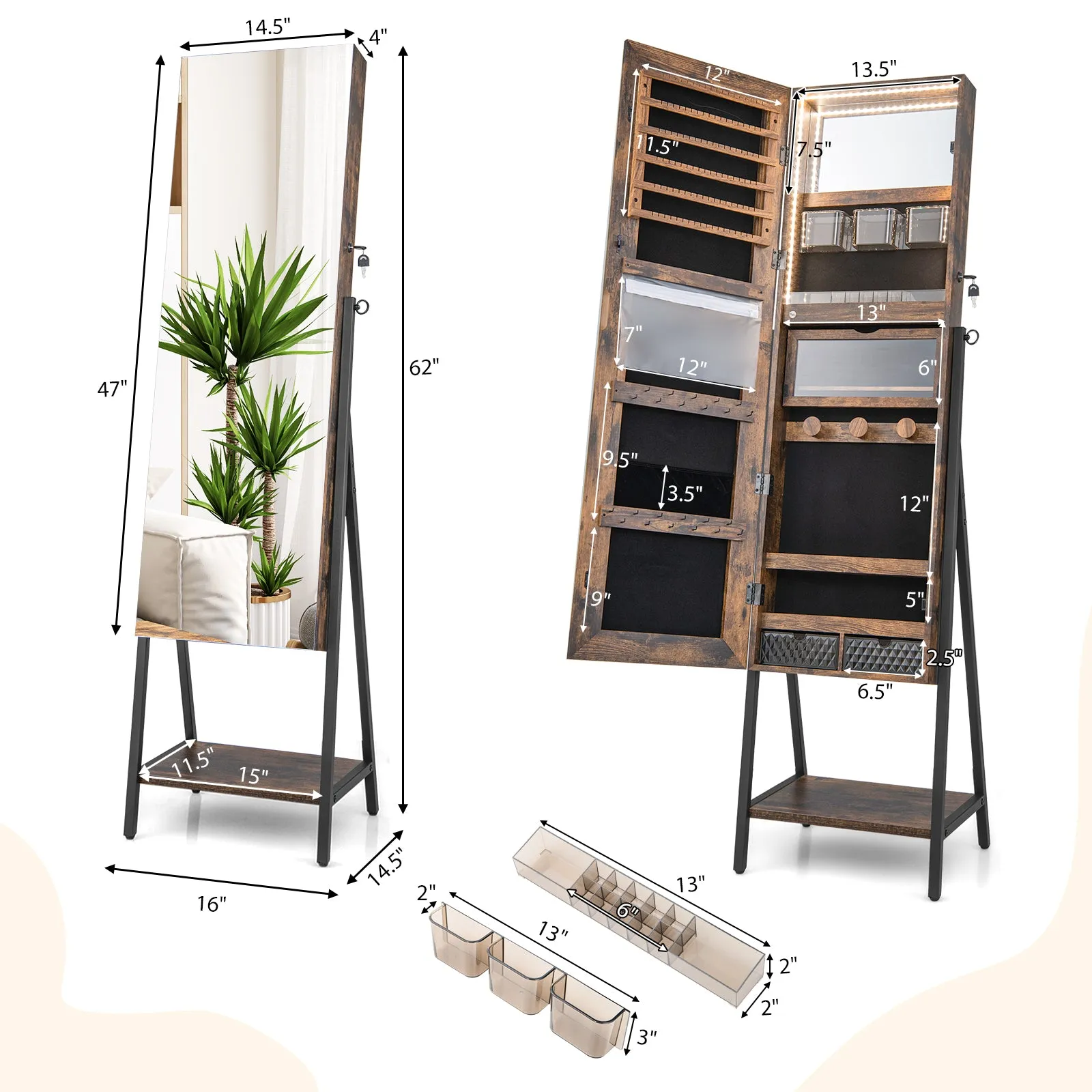 Freestanding Jewelry Cabinet with Full-Length Mirror-Rustic Brown