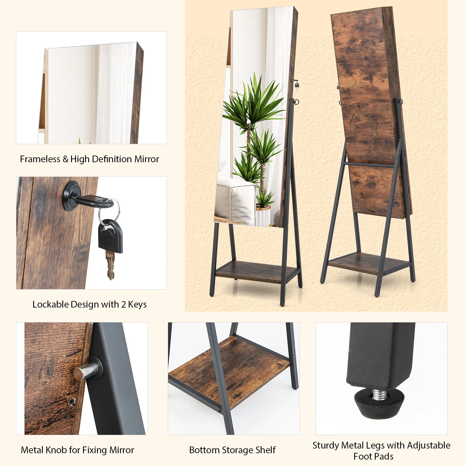 Freestanding Jewelry Cabinet with Full-Length Mirror-Rustic Brown