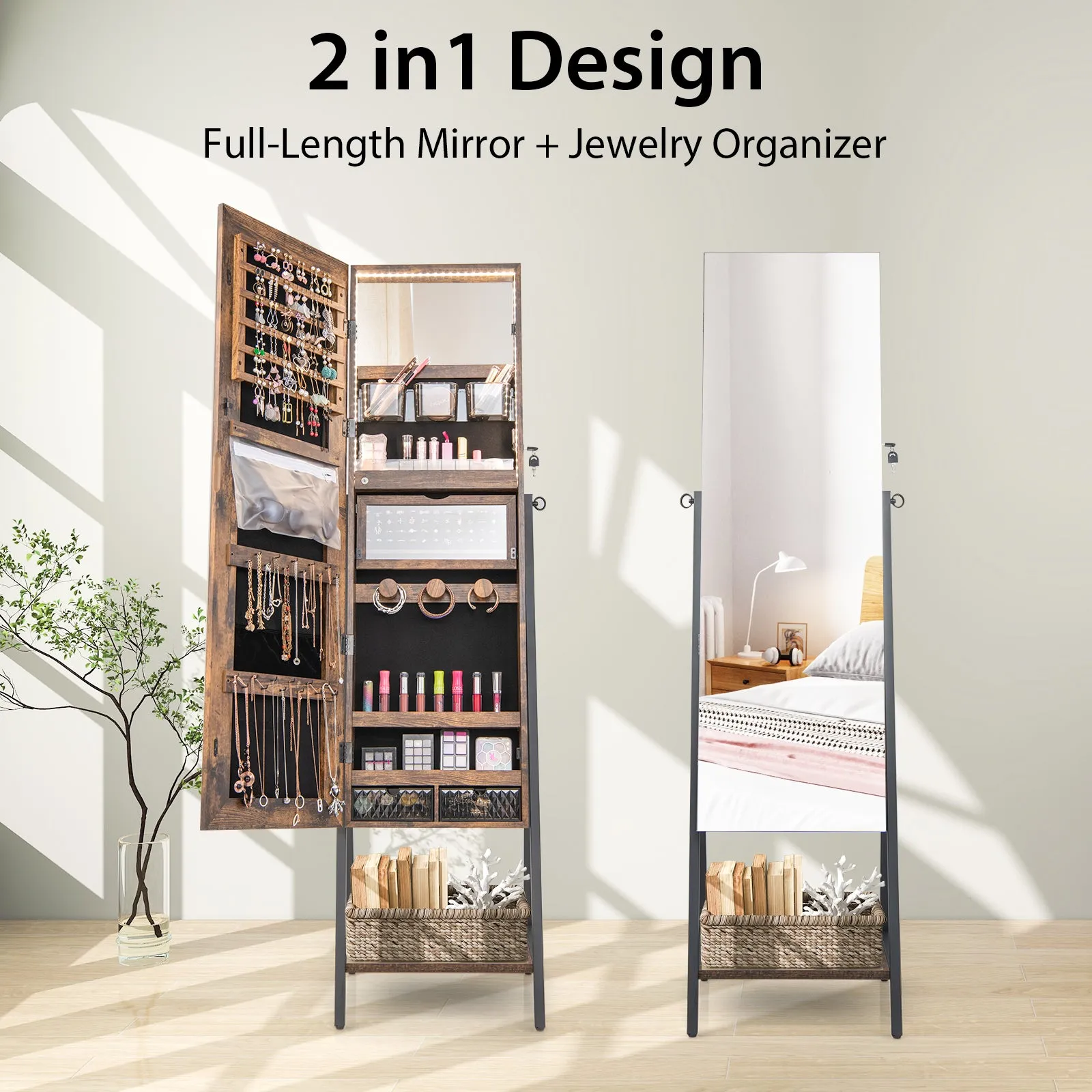 Freestanding Jewelry Cabinet with Full-Length Mirror-Rustic Brown