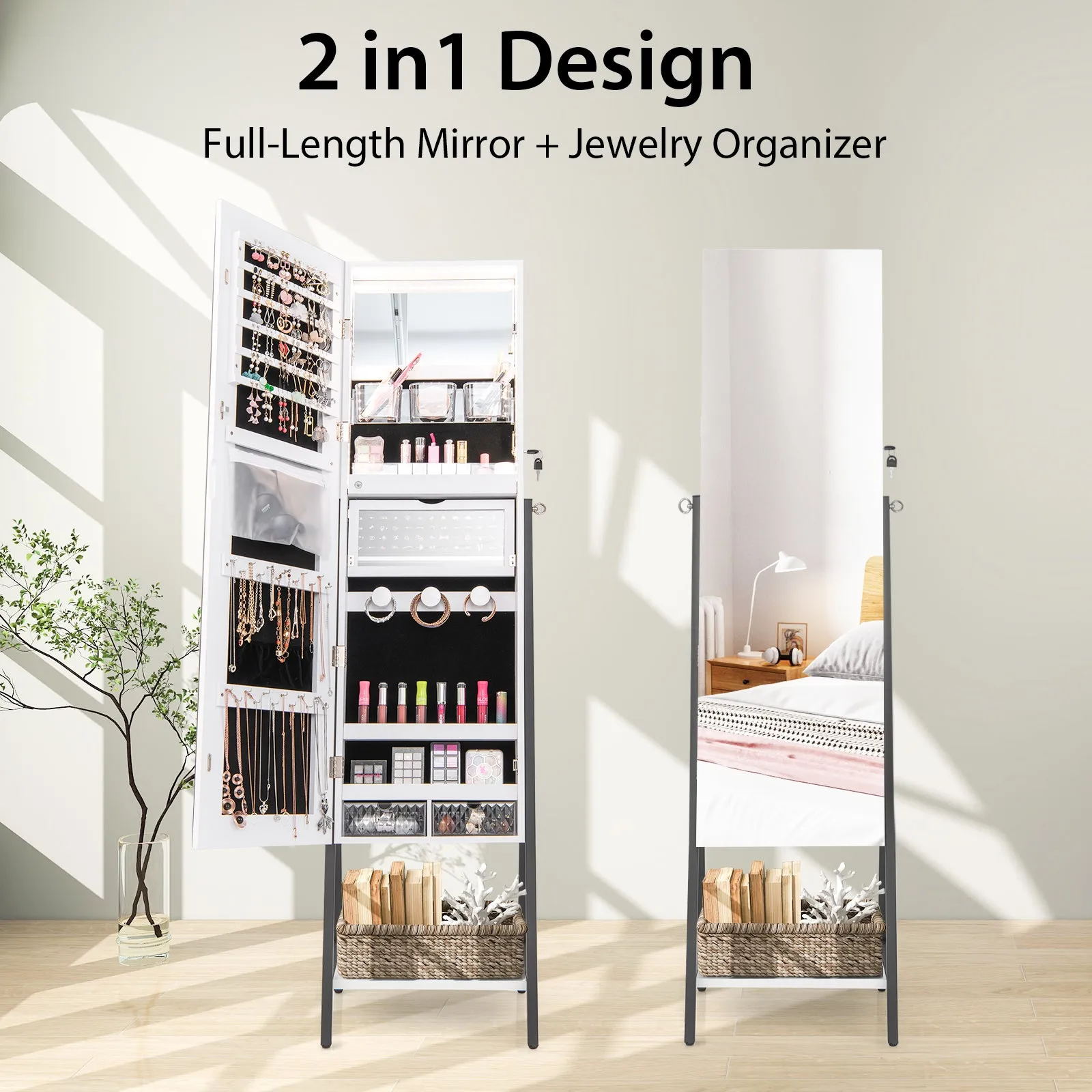 Freestanding Jewelry Cabinet with Full-Length Mirror-White