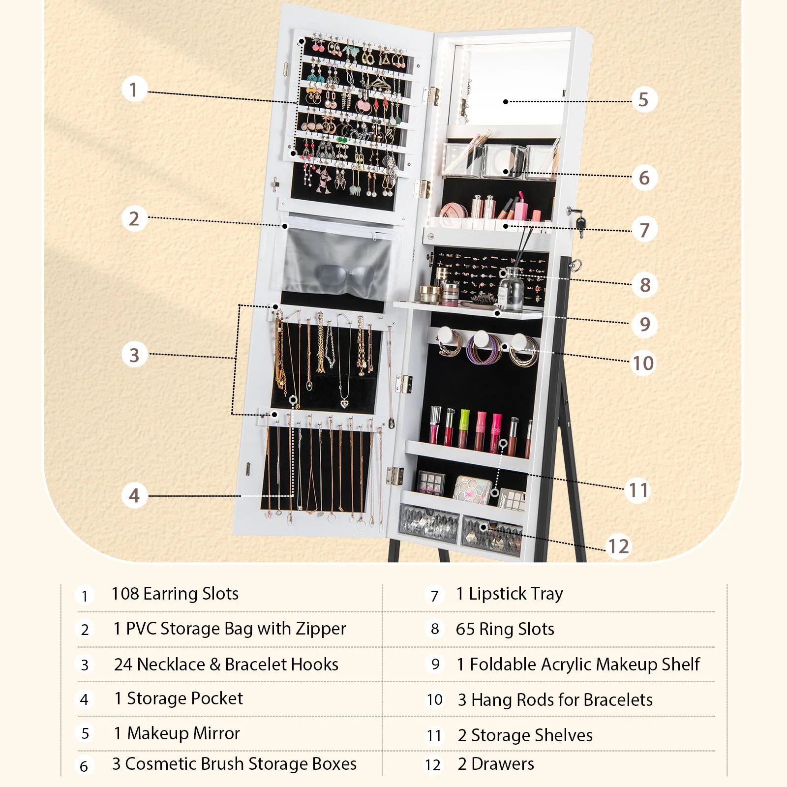Freestanding Jewelry Cabinet with Full-Length Mirror-White