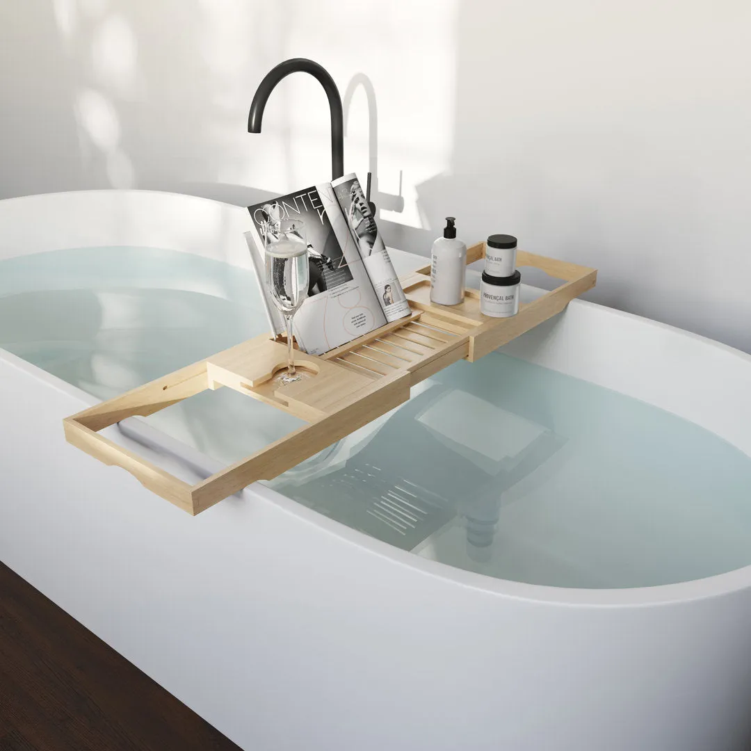 Gardner Bamboo Bathtub Tray - Wood Bath Caddy with Book, Phone, or Tablet Rest, Cup Holder, and Extended Sides for Bath Accessories by Home-Complete Rebrilliant