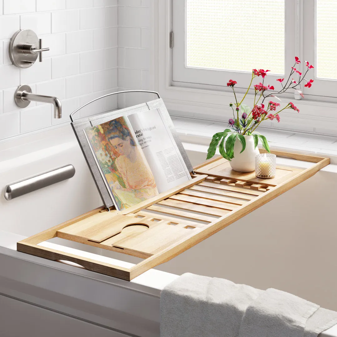 Gardner Bamboo Bathtub Tray - Wood Bath Caddy with Book, Phone, or Tablet Rest, Cup Holder, and Extended Sides for Bath Accessories by Home-Complete Rebrilliant