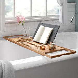 Gardner Bamboo Bathtub Tray - Wood Bath Caddy with Book, Phone, or Tablet Rest, Cup Holder, and Extended Sides for Bath Accessories by Home-Complete Rebrilliant