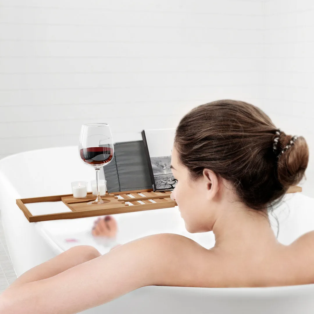 Gardner Bamboo Bathtub Tray - Wood Bath Caddy with Book, Phone, or Tablet Rest, Cup Holder, and Extended Sides for Bath Accessories by Home-Complete Rebrilliant