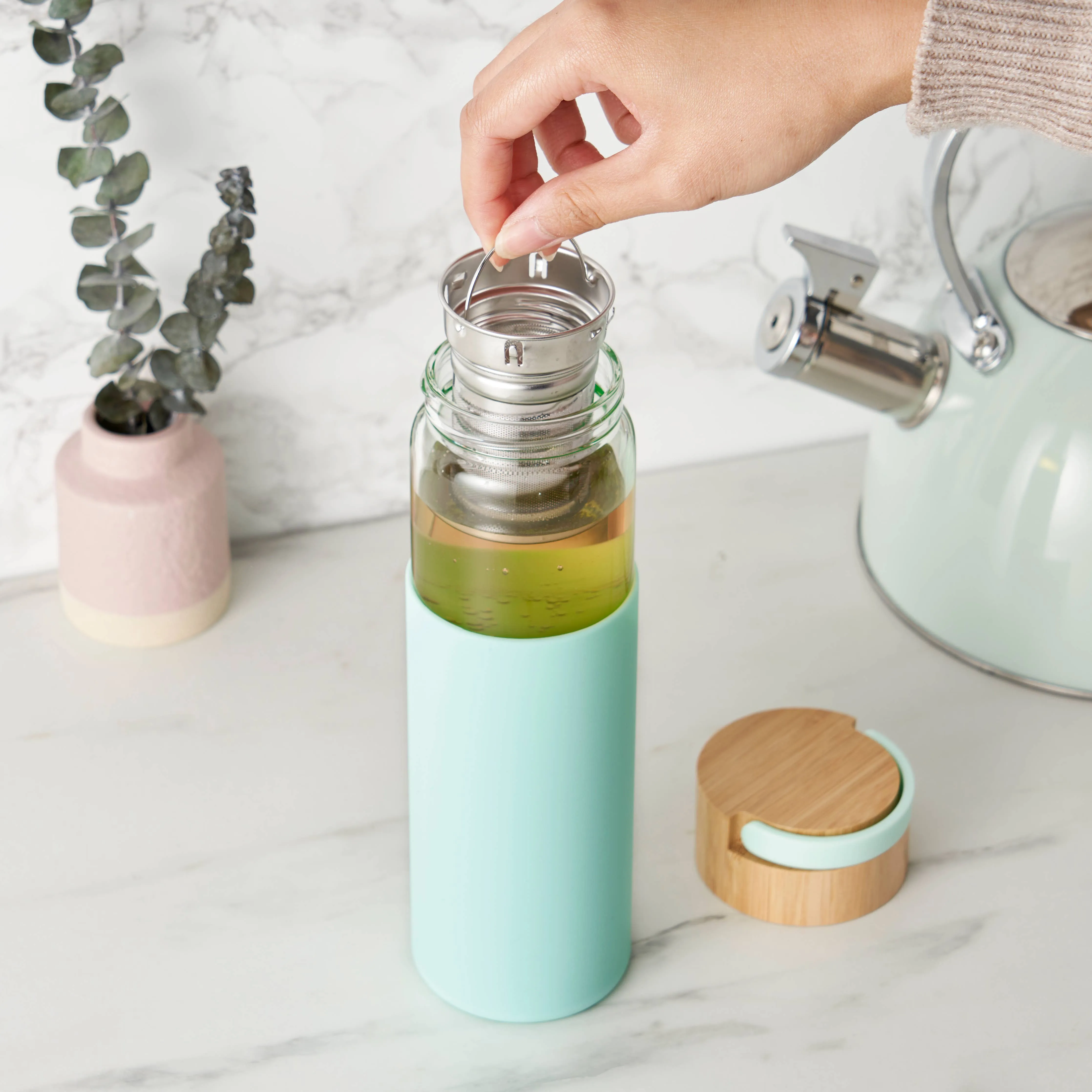Glass Travel Mug w/Infuser & Silicone Sleeve-Turquoise
