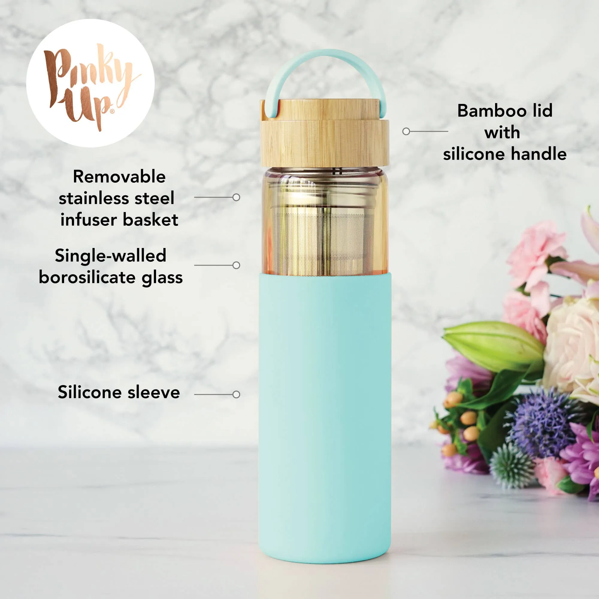 Glass Travel Mug w/Infuser & Silicone Sleeve-Turquoise