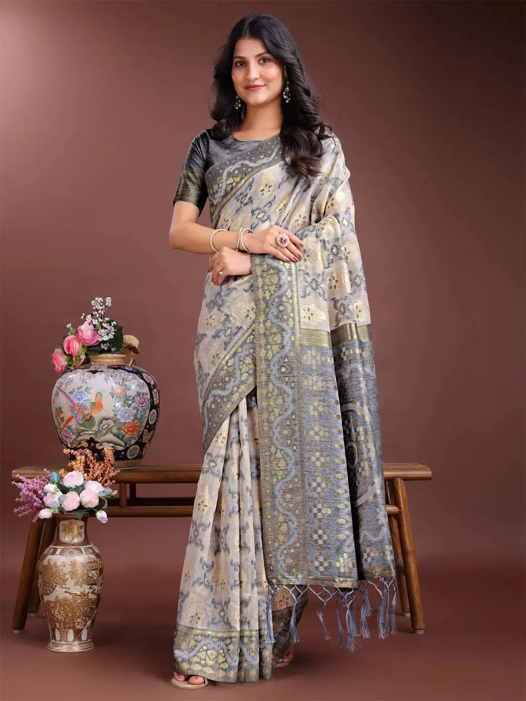 Gray Linen Cotton Saree