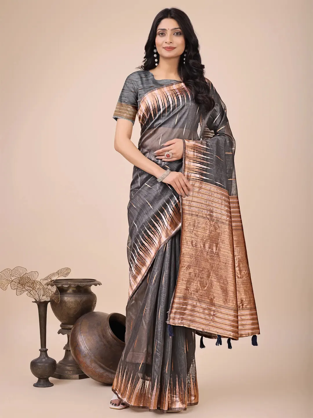 Gray Linen Cotton Saree