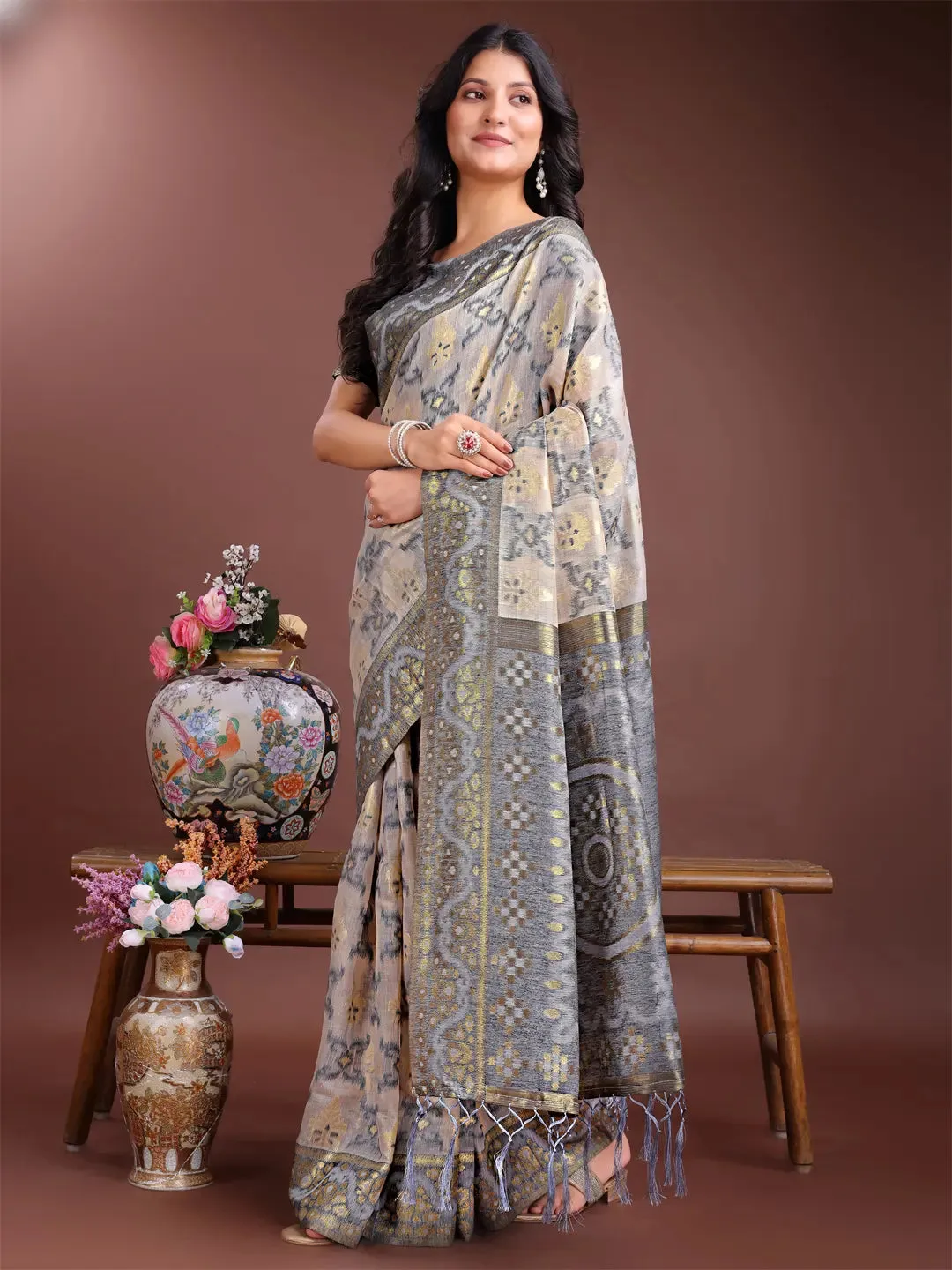 Gray Linen Cotton Saree