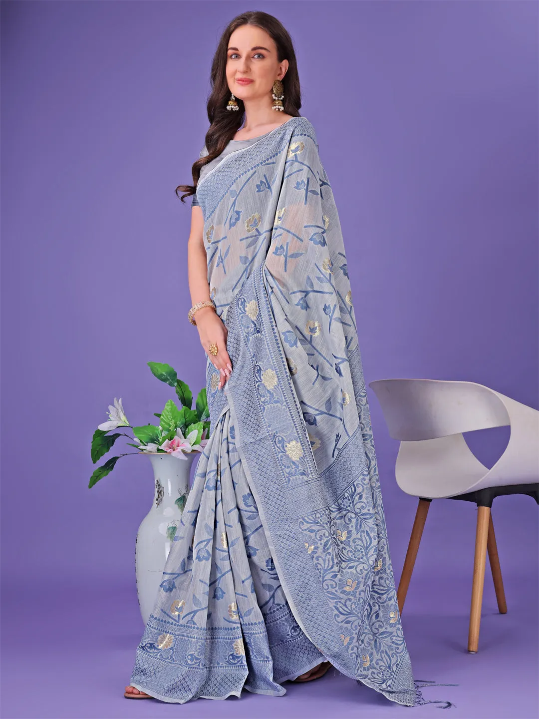 Gray Linen Cotton Saree