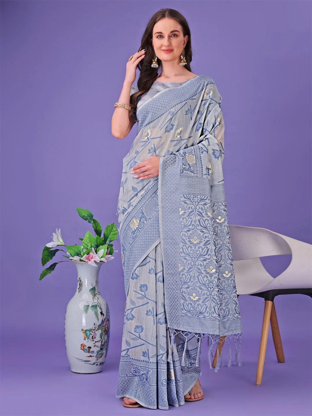 Gray Linen Cotton Saree