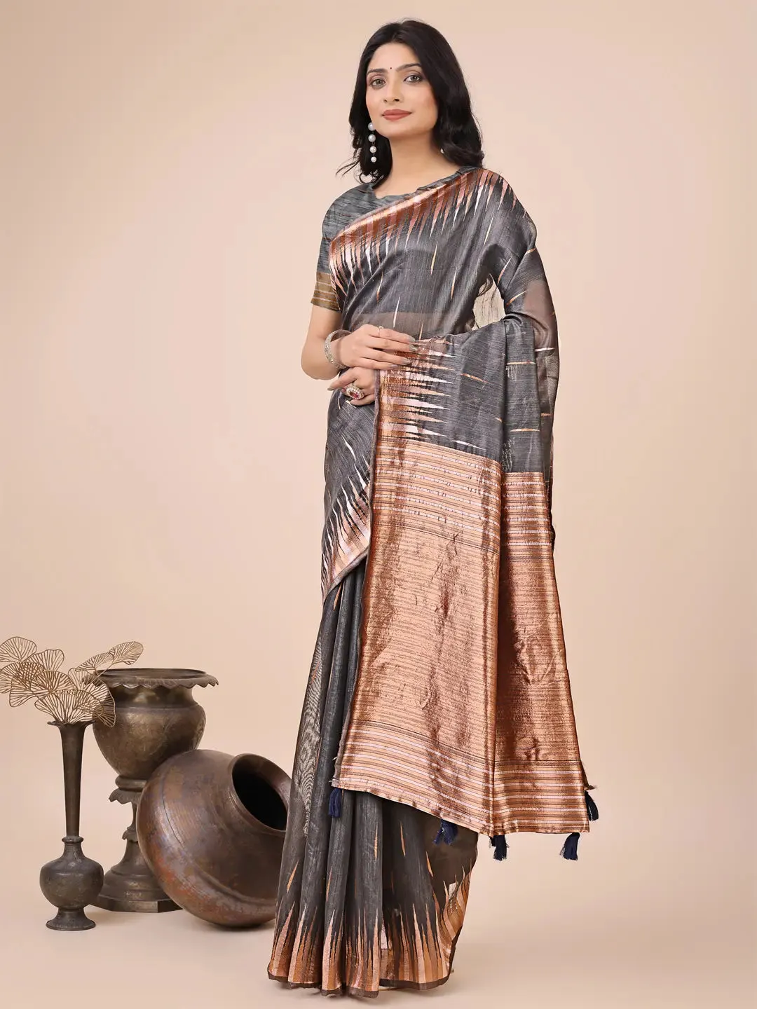 Gray Linen Cotton Saree