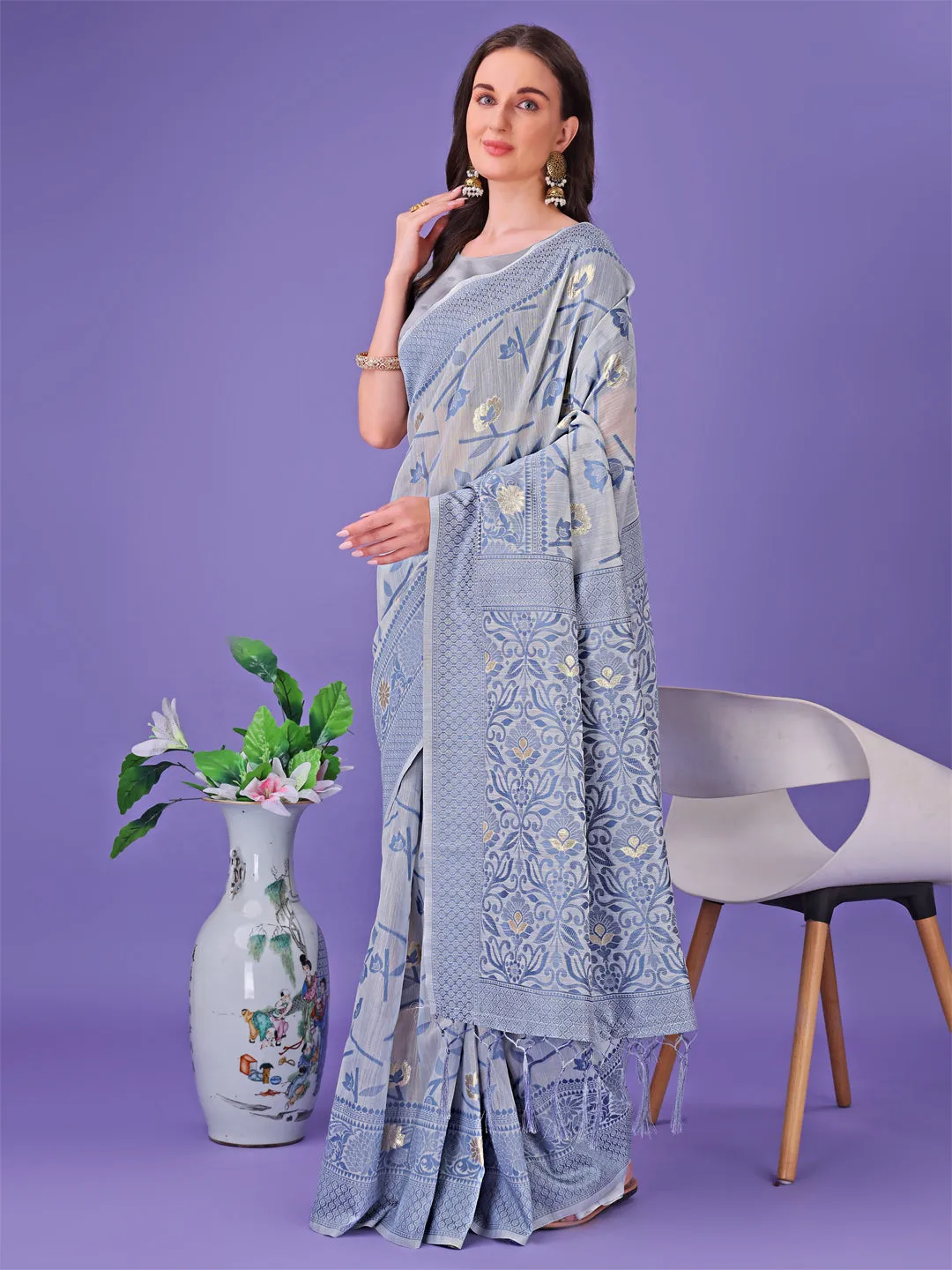 Gray Linen Cotton Saree