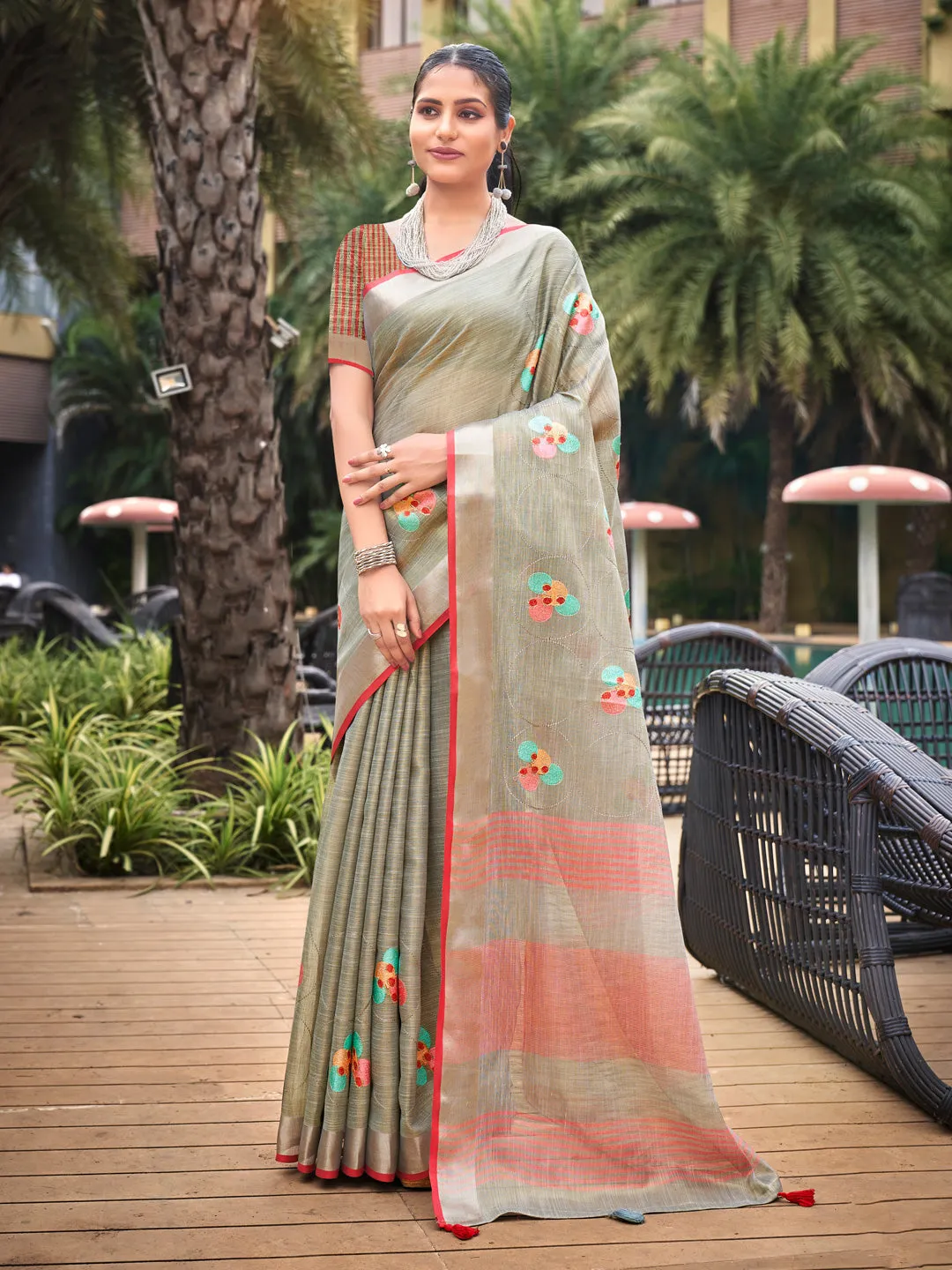 Gray Linen Saree