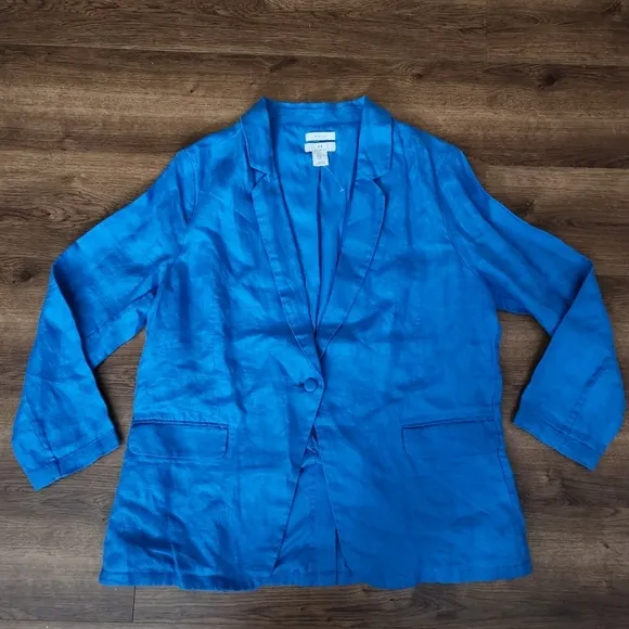 H HALSTON 100% LINEN One Button Blue Blazer Jacket