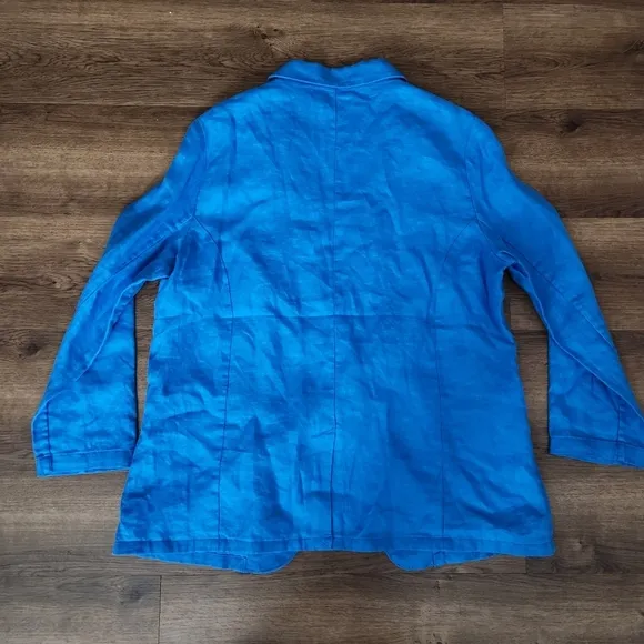H HALSTON 100% LINEN One Button Blue Blazer Jacket