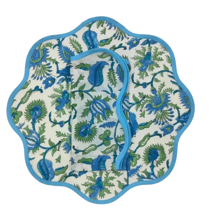 Hand Blocked Floral Motif Scalloped Cotton Placemats