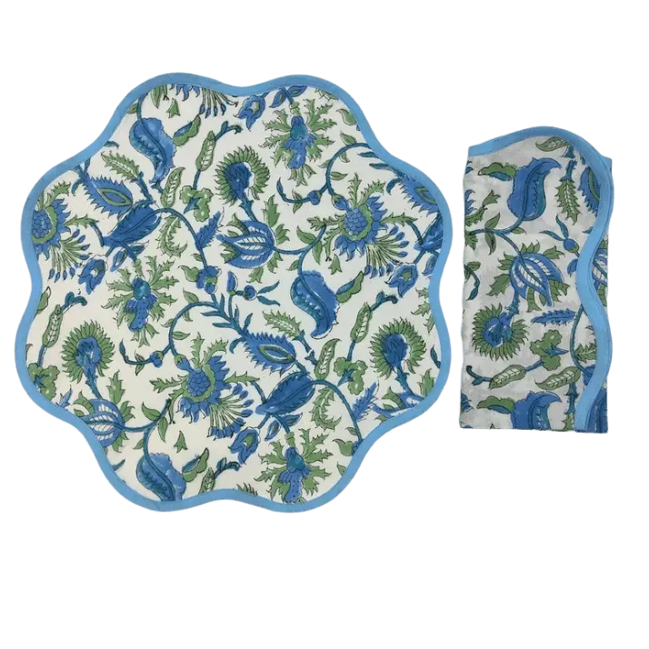 Hand Blocked Floral Motif Scalloped Cotton Placemats