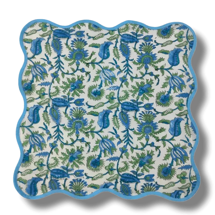 Hand Blocked Floral Motif Scalloped Cotton Placemats