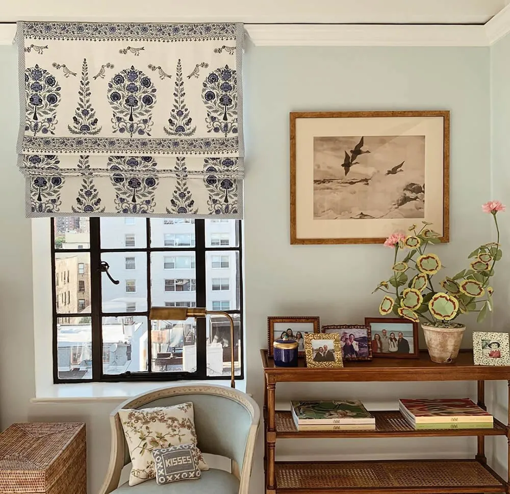 Home Couture Fabric: Kalamkari Border - Custom Slate / Sky / Royal Blue on Tinted Belgian Linen / Cotton