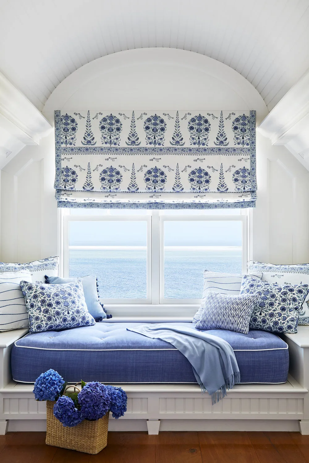 Home Couture Fabric: Kalamkari Border - Custom Slate / Sky / Royal Blue on Tinted Belgian Linen / Cotton