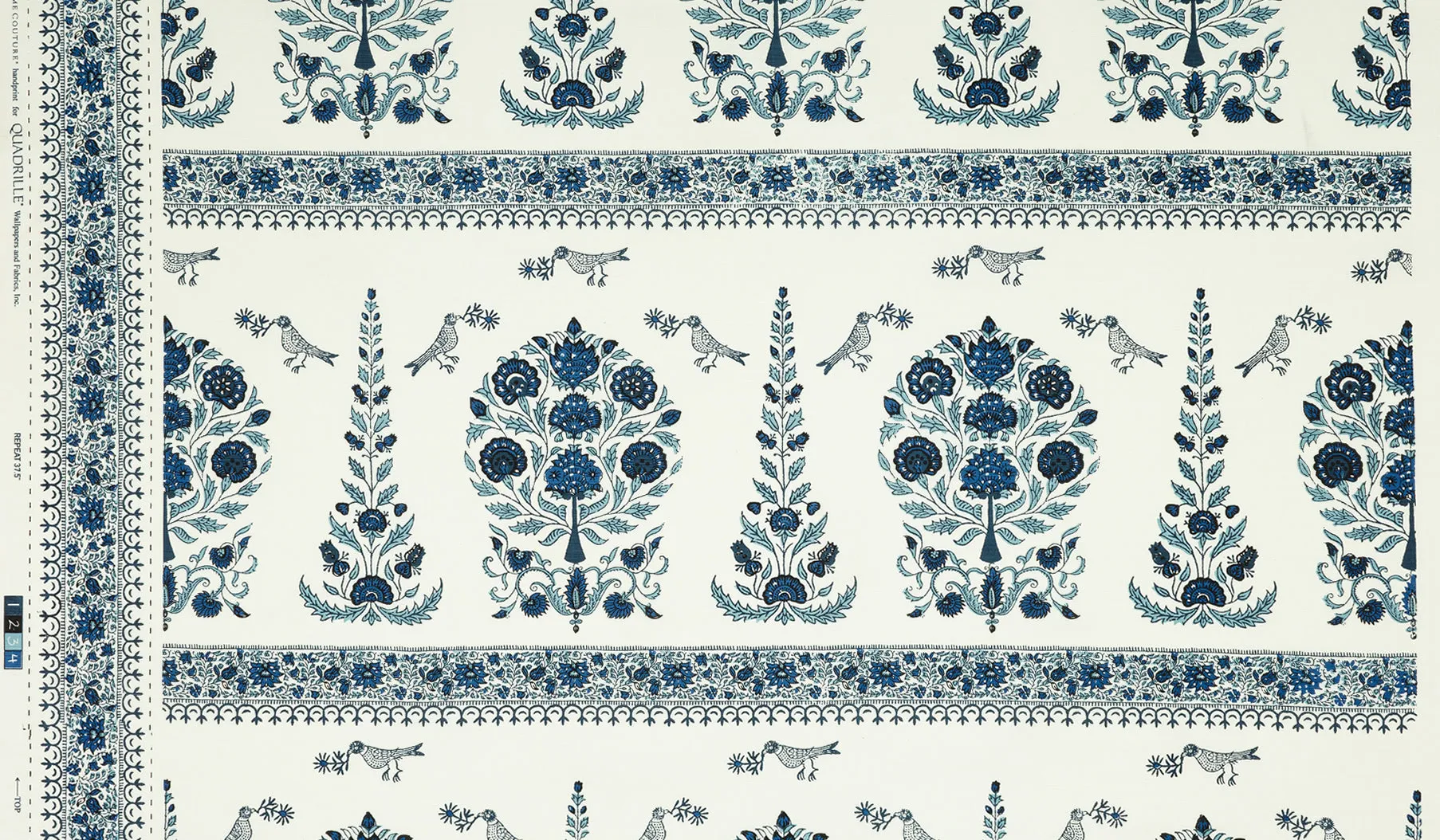 Home Couture Fabric: Kalamkari Border - Custom Slate / Sky / Royal Blue on Tinted Belgian Linen / Cotton