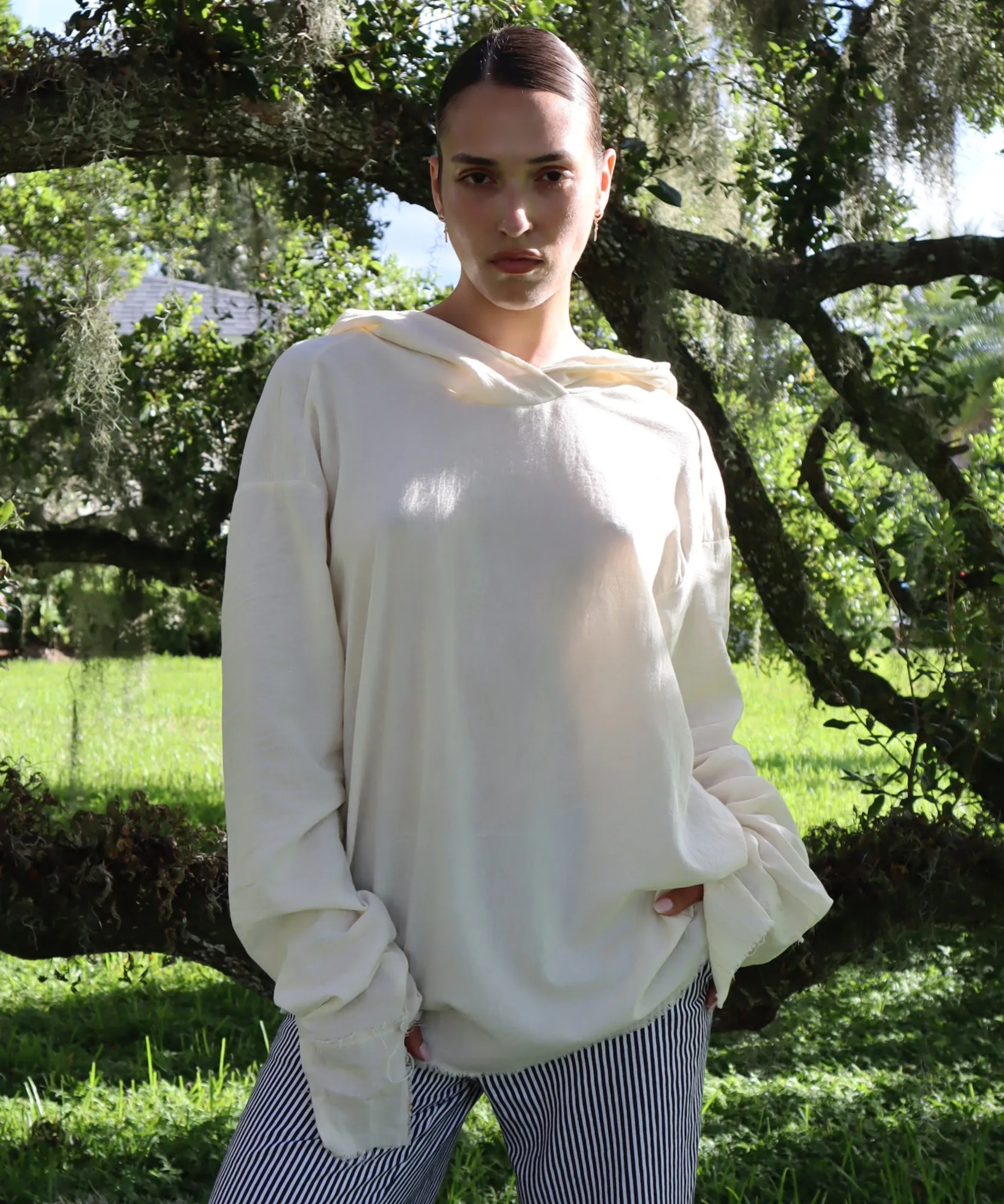 HOODED LONG SLEEVE, NATURAL GAUZE