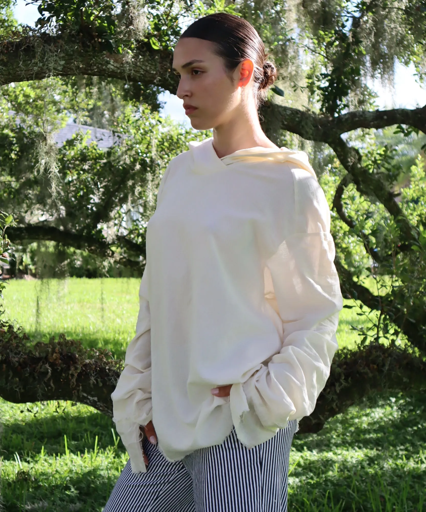 HOODED LONG SLEEVE, NATURAL GAUZE