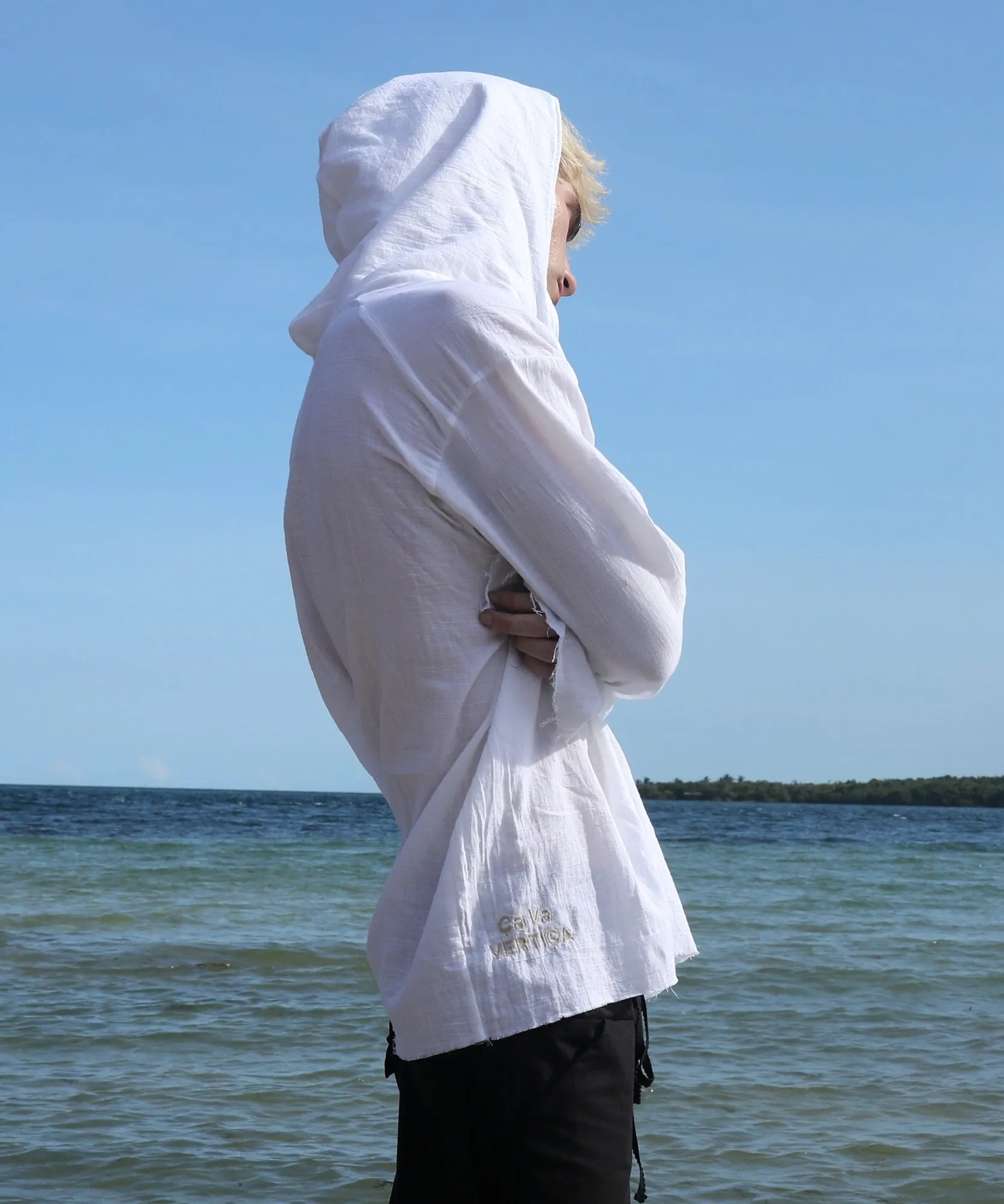 HOODED LONG SLEEVE, WHITE GAUZE