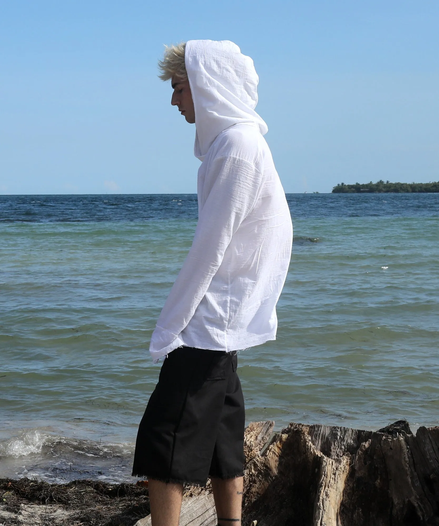 HOODED LONG SLEEVE, WHITE GAUZE