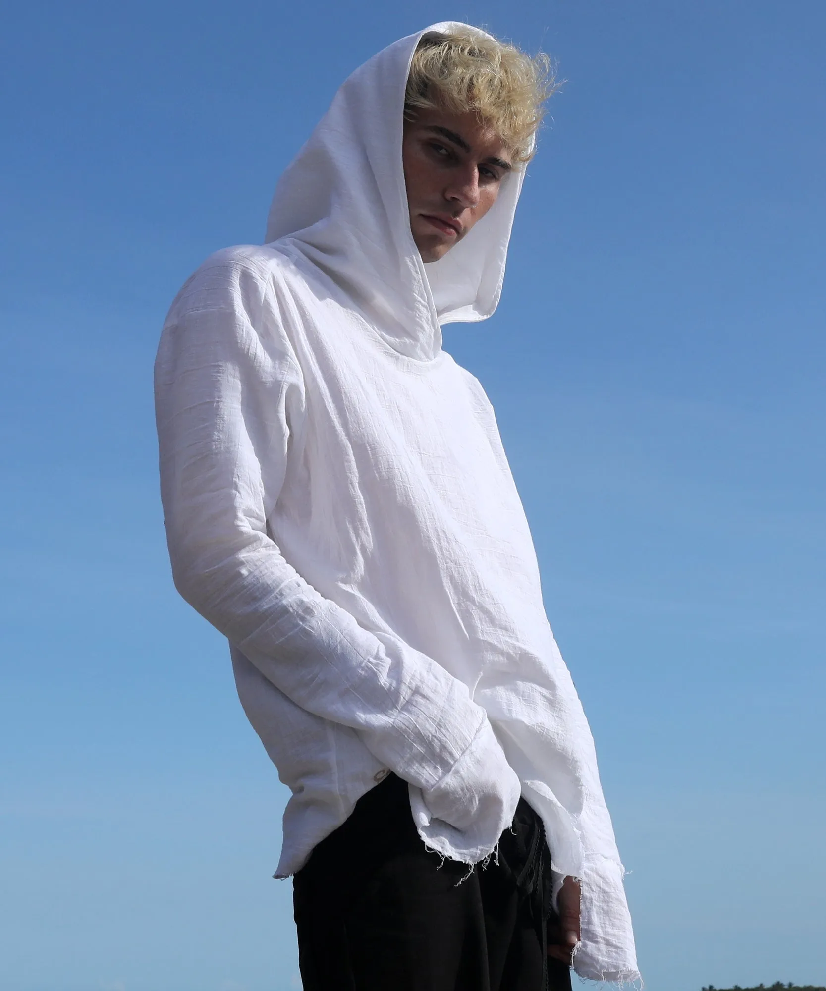 HOODED LONG SLEEVE, WHITE GAUZE