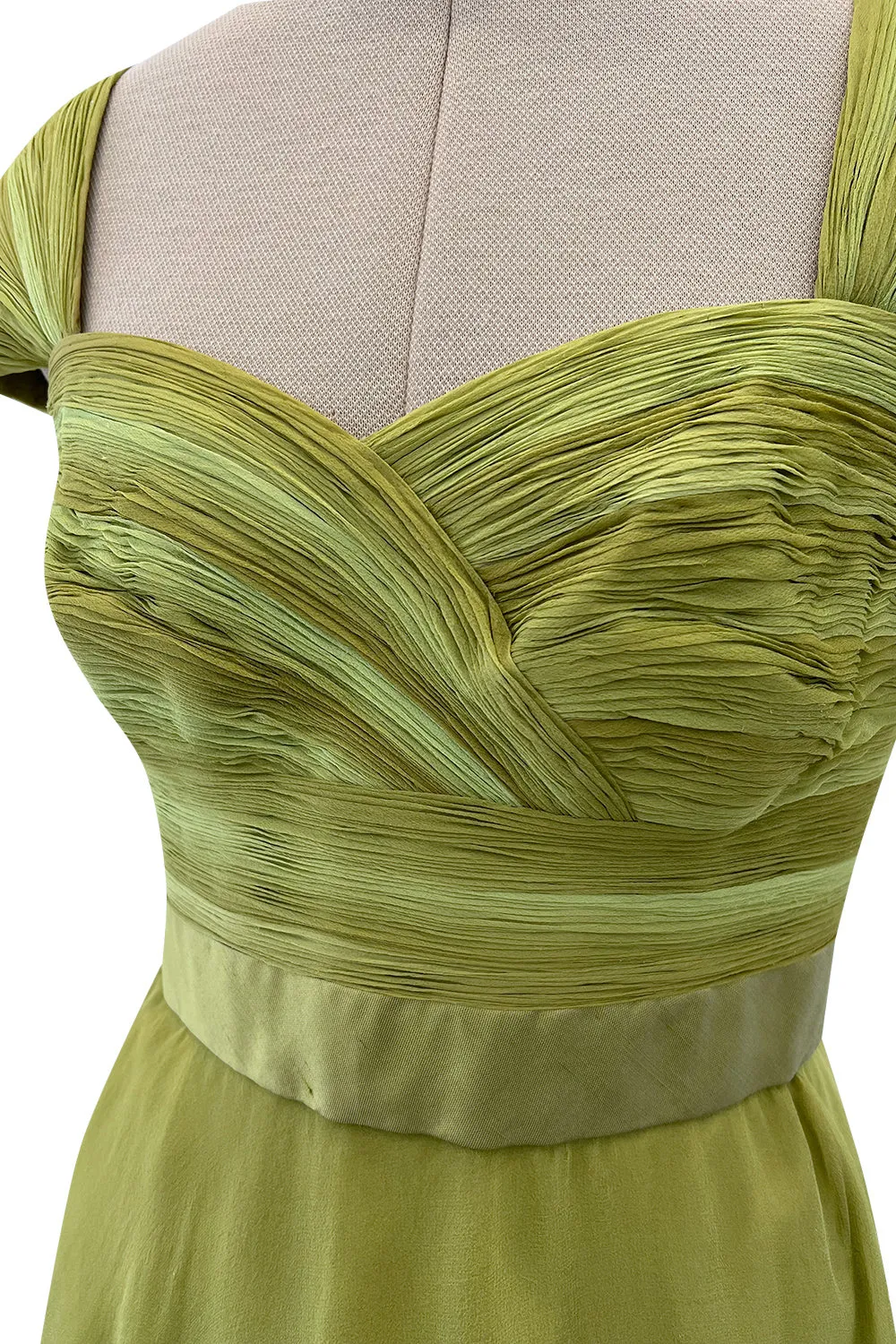 Incredible Spring 2005 Valentino Haute Couture Green Ombre Bias Cut Silk Chiffon Dress w Pleated Bodice
