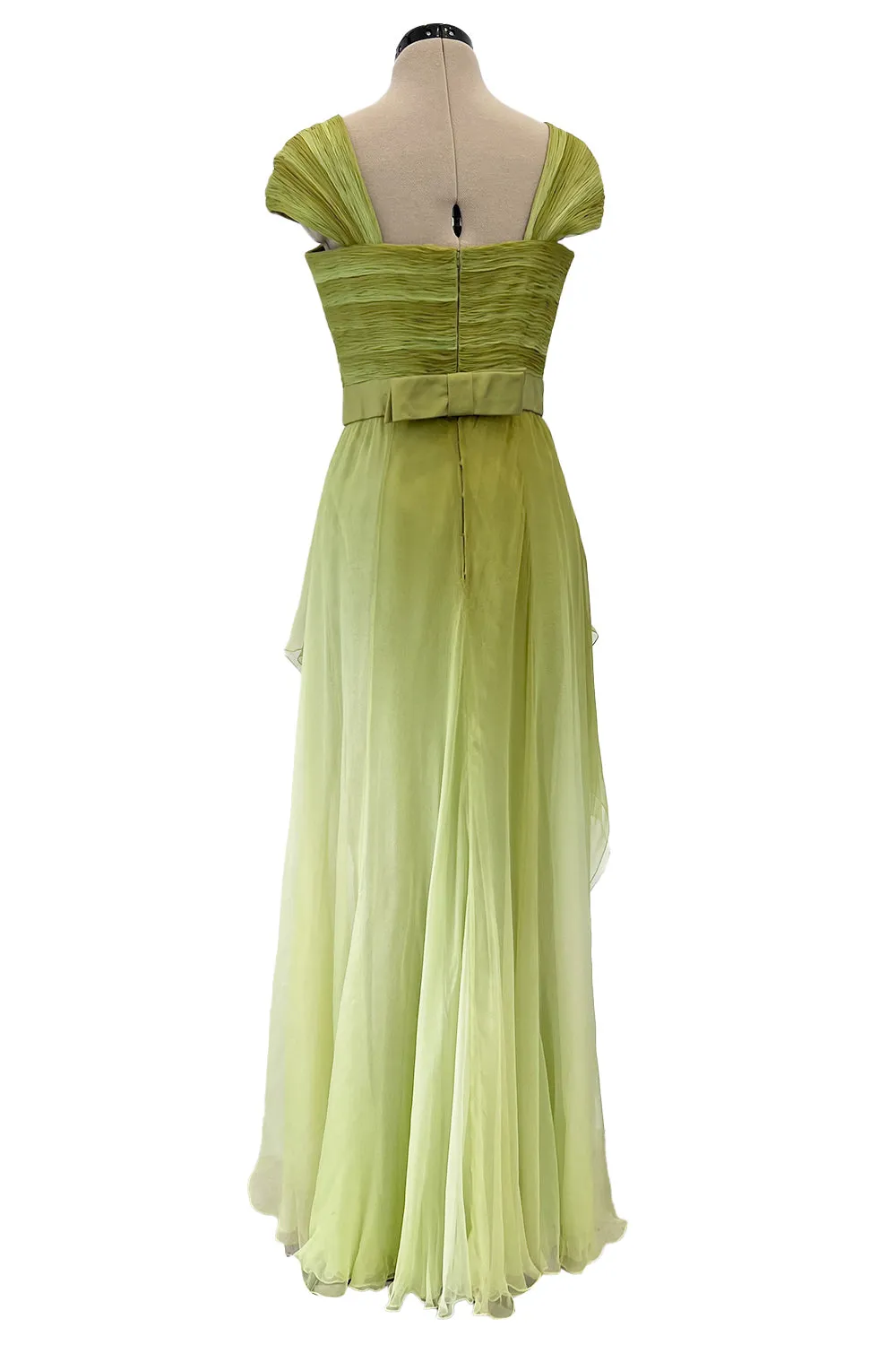 Incredible Spring 2005 Valentino Haute Couture Green Ombre Bias Cut Silk Chiffon Dress w Pleated Bodice