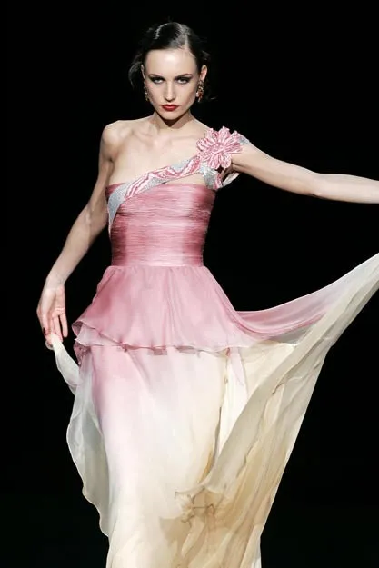 Incredible Spring 2005 Valentino Haute Couture Green Ombre Bias Cut Silk Chiffon Dress w Pleated Bodice