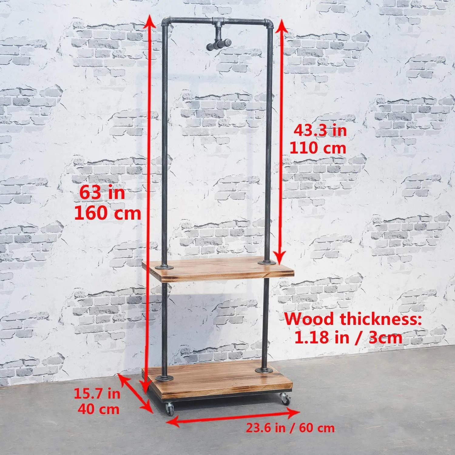 Industrial Pipe Clothing Rack with Wood Shelves,Steampunk Iron Garment Rack on Wheels,Vintage Rolling Cloths Racks for Hanging Clothes,Commercial Grade Clothes Racks,Retail Display Clothing Shelf