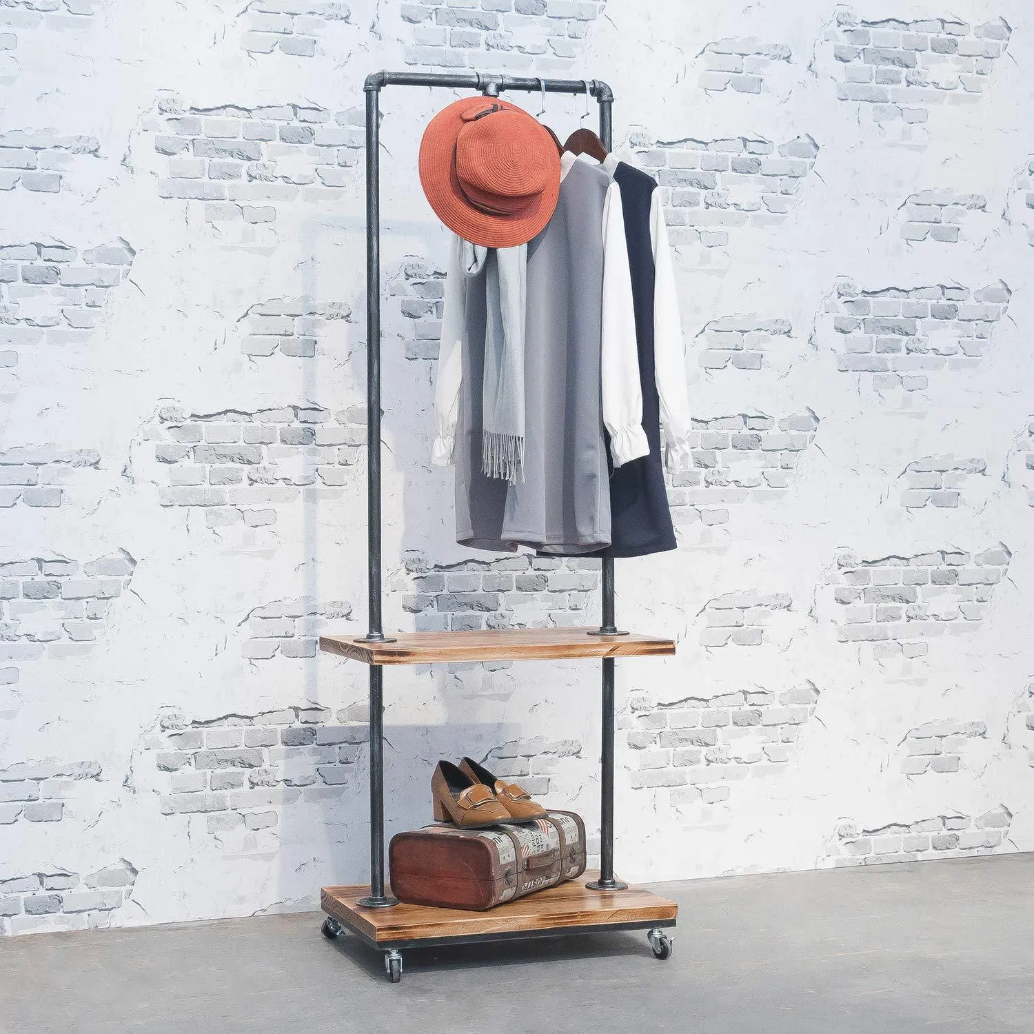 Industrial Pipe Clothing Rack with Wood Shelves,Steampunk Iron Garment Rack on Wheels,Vintage Rolling Cloths Racks for Hanging Clothes,Commercial Grade Clothes Racks,Retail Display Clothing Shelf