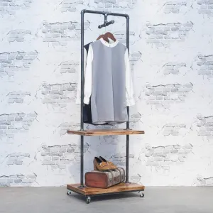 Industrial Pipe Clothing Rack with Wood Shelves,Steampunk Iron Garment Rack on Wheels,Vintage Rolling Cloths Racks for Hanging Clothes,Commercial Grade Clothes Racks,Retail Display Clothing Shelf