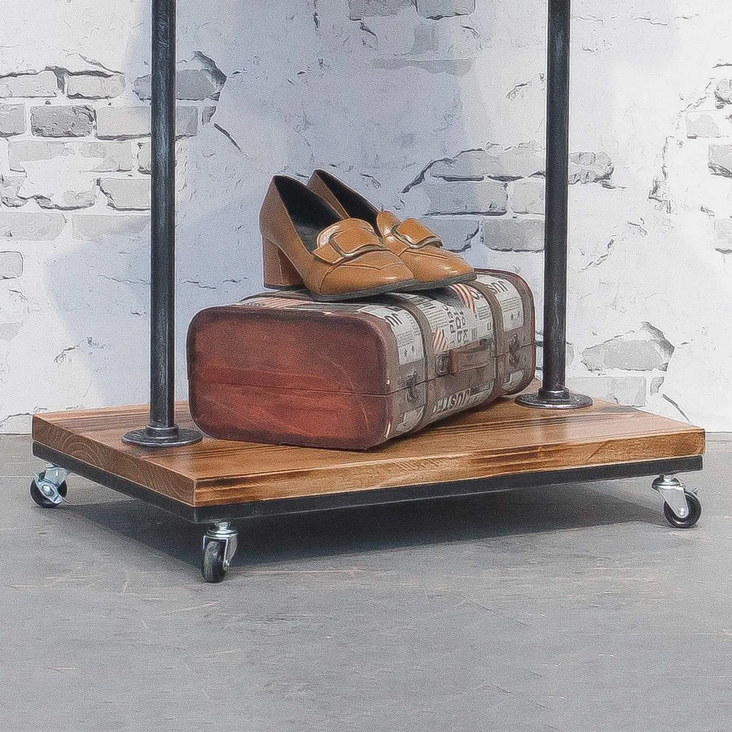 Industrial Pipe Clothing Rack with Wood Shelves,Steampunk Iron Garment Rack on Wheels,Vintage Rolling Cloths Racks for Hanging Clothes,Commercial Grade Clothes Racks,Retail Display Clothing Shelf