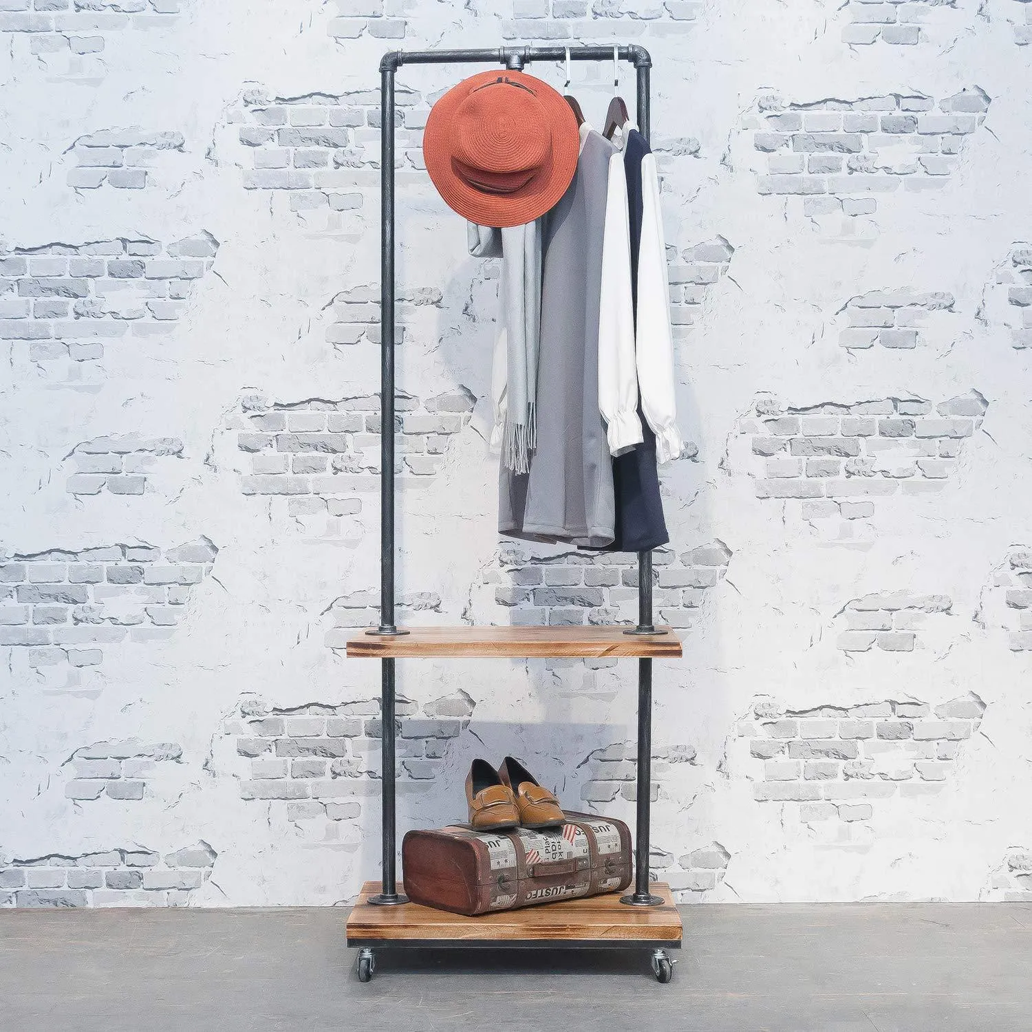 Industrial Pipe Clothing Rack with Wood Shelves,Steampunk Iron Garment Rack on Wheels,Vintage Rolling Cloths Racks for Hanging Clothes,Commercial Grade Clothes Racks,Retail Display Clothing Shelf